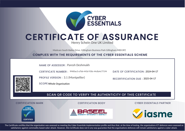 Henry Schein One Cyber Essentials Certificate 2024-2025